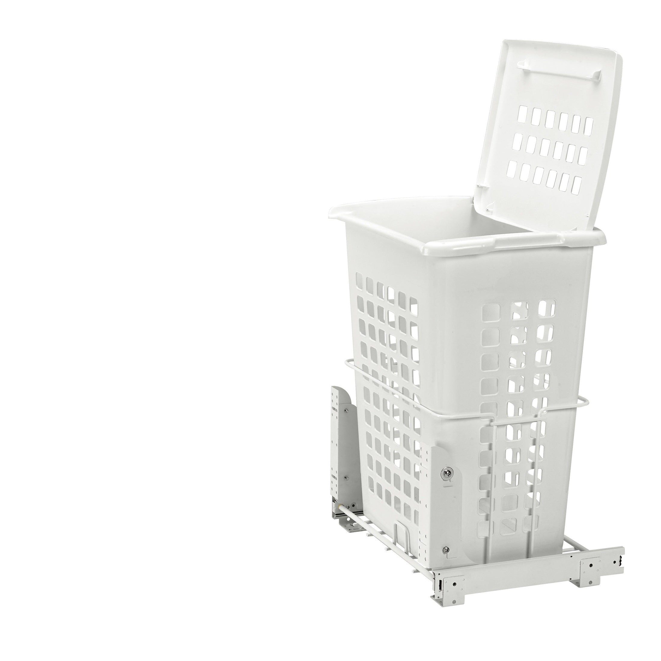 14" Deep White Polymer 1.7 BU Pullout Door Mount Hamper with Lid and Full-Extension Slides