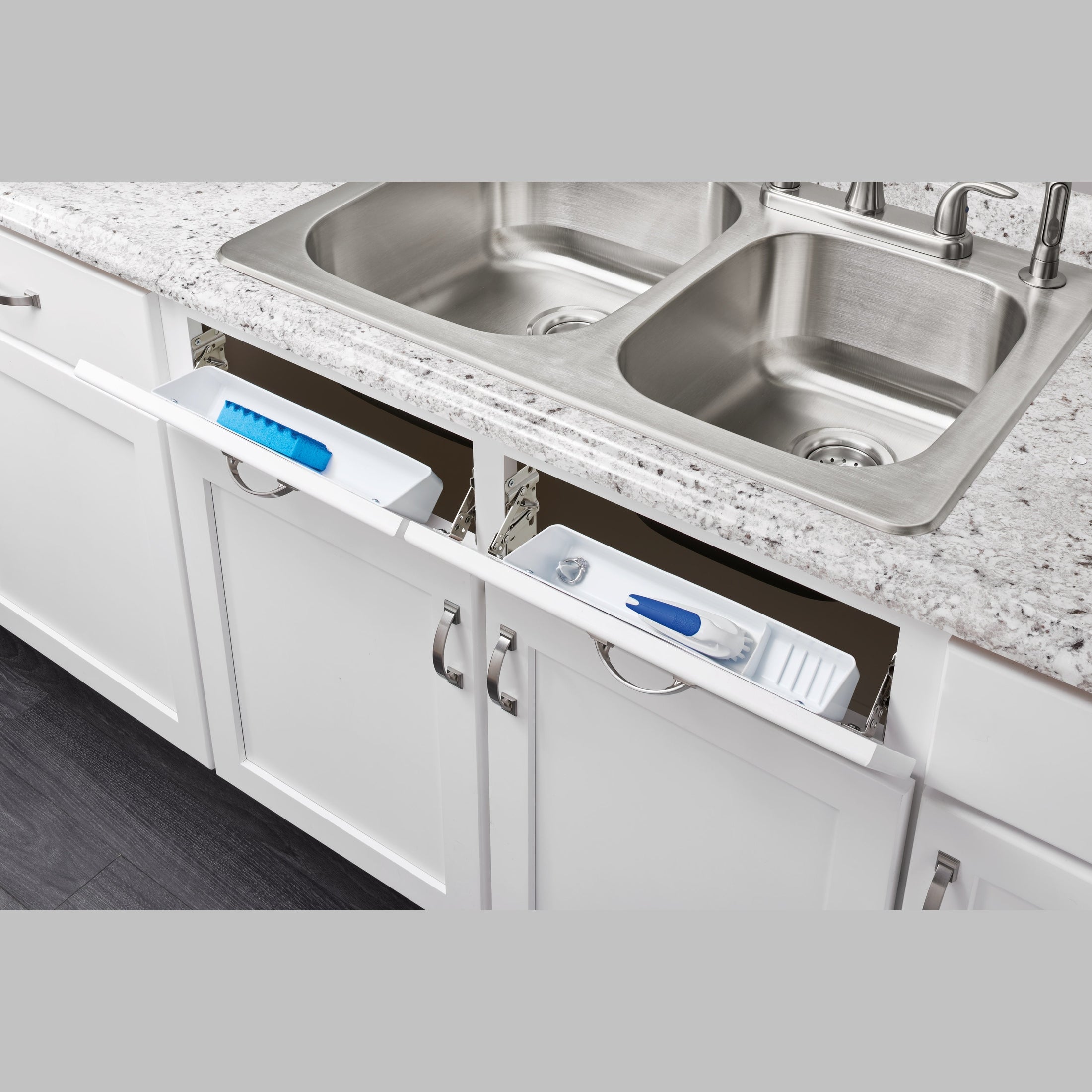 11" White Tip-Out Tray LD Deluxe w/ 2 Pair of 45 Degree Hinges for Sink Base