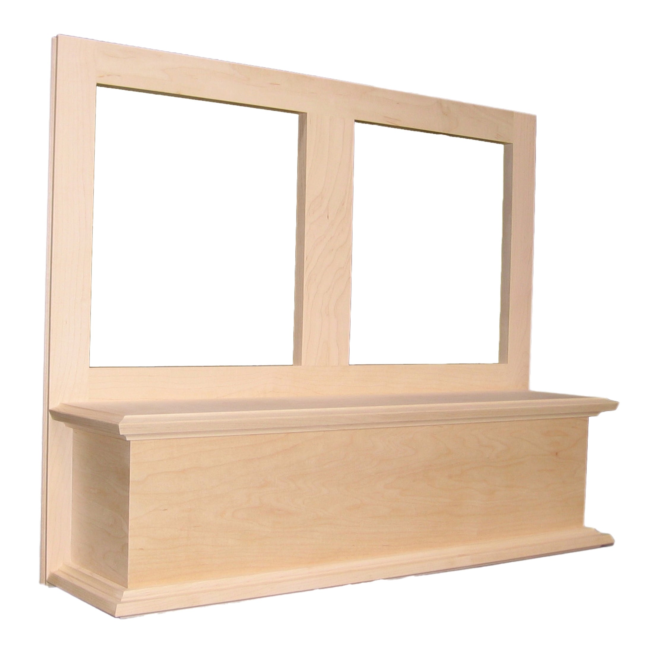 A light natural wood wall-mounted shelf or bench with two rectangular window-style openings at the top, shown against a plain white background.