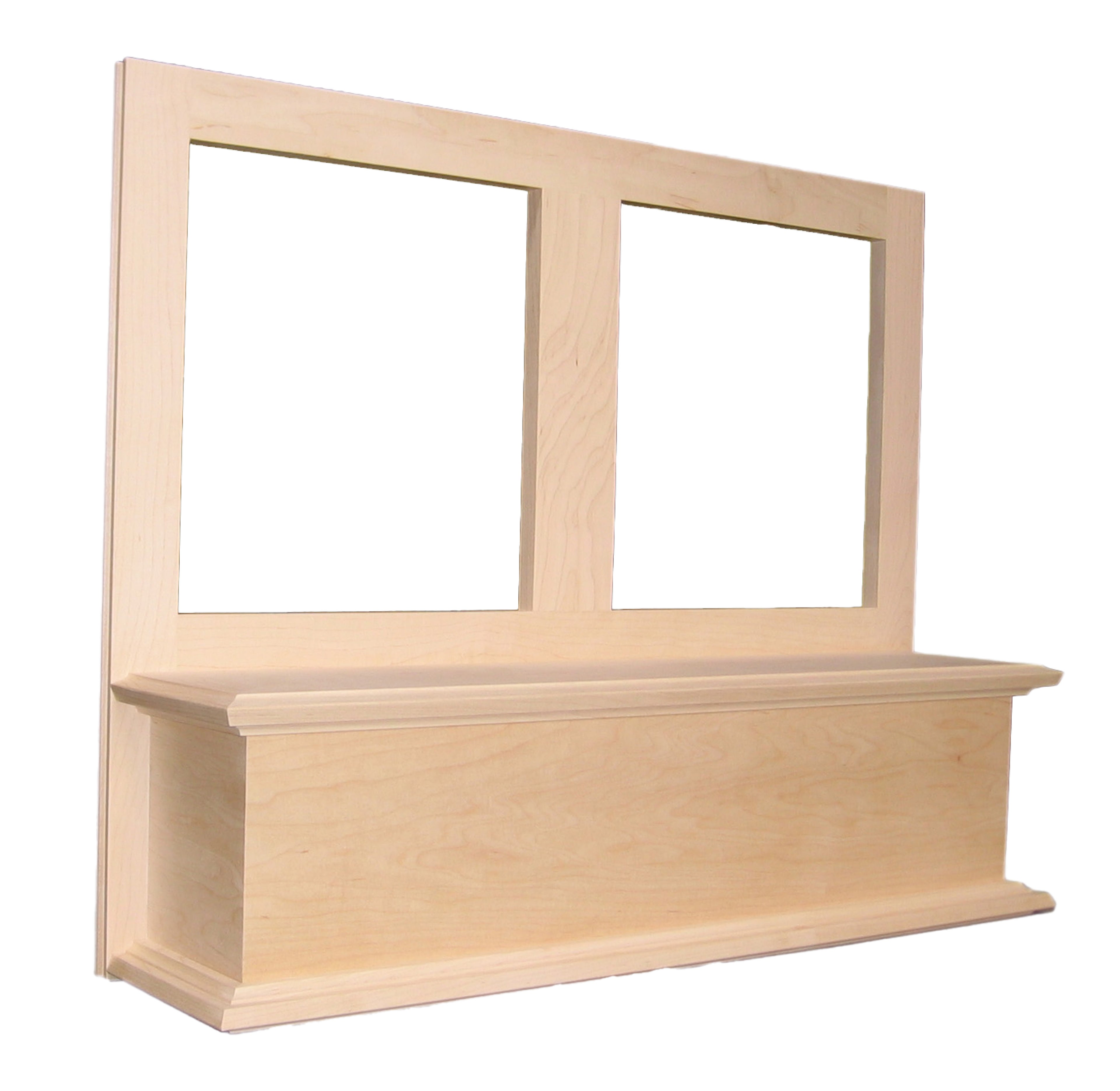 A light natural wood wall-mounted shelf or bench with two rectangular window-style openings at the top, shown against a plain white background.