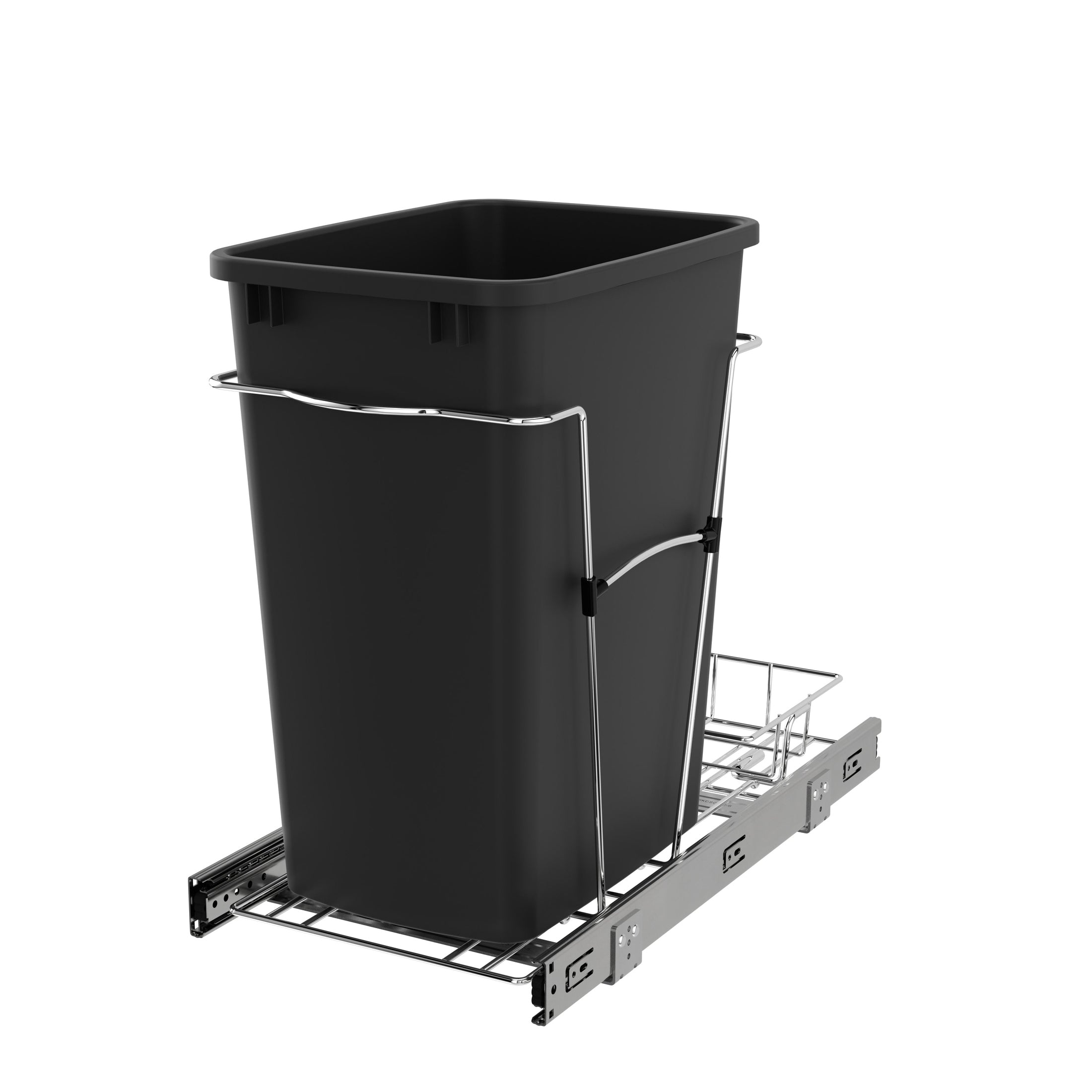 Single Black 35 Qt. Chrome Steel Wire Bottom Mount Waste Container w/ Detachable Storage Basket and Full-Extension Slides for 15" Base Cabinets