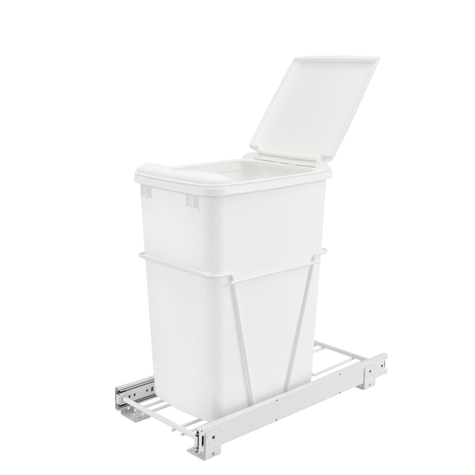 Single White 35 Qt. White Steel Wire Bottom Mount Waste Container w/ Lid and 3/4 Extension Slides for 15" Base Cabinets